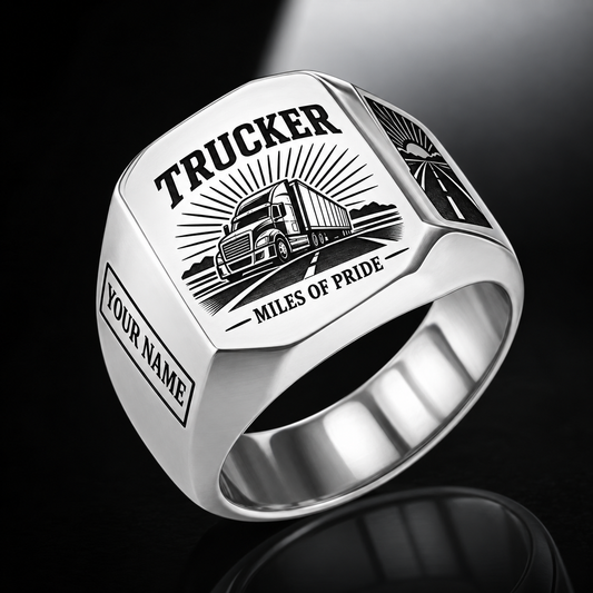Personalized trucker engraved signet ring with sunburst legacy occupational artwork.