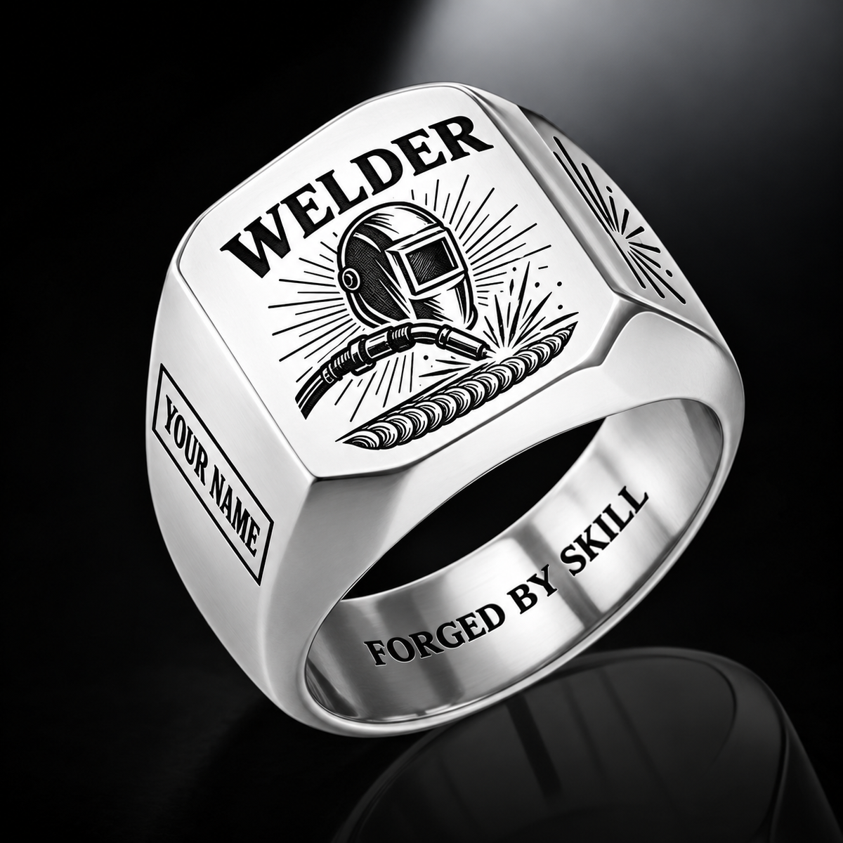 Personalized welder engraved signet ring with sunburst legacy occupational artwork.