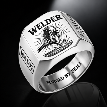 Personalized welder engraved signet ring with sunburst legacy occupational artwork.