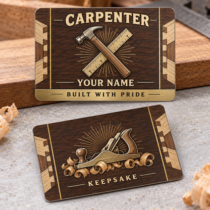 Personalized carpenter aluminum wallet card with toolmark heritage occupational artwork.