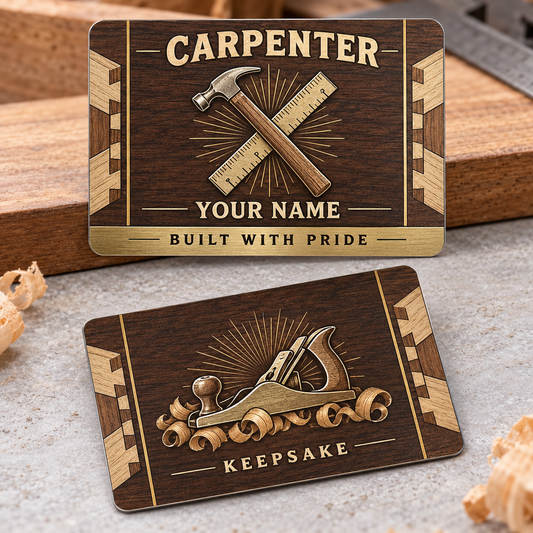 Personalized carpenter aluminum wallet card with toolmark heritage occupational artwork.