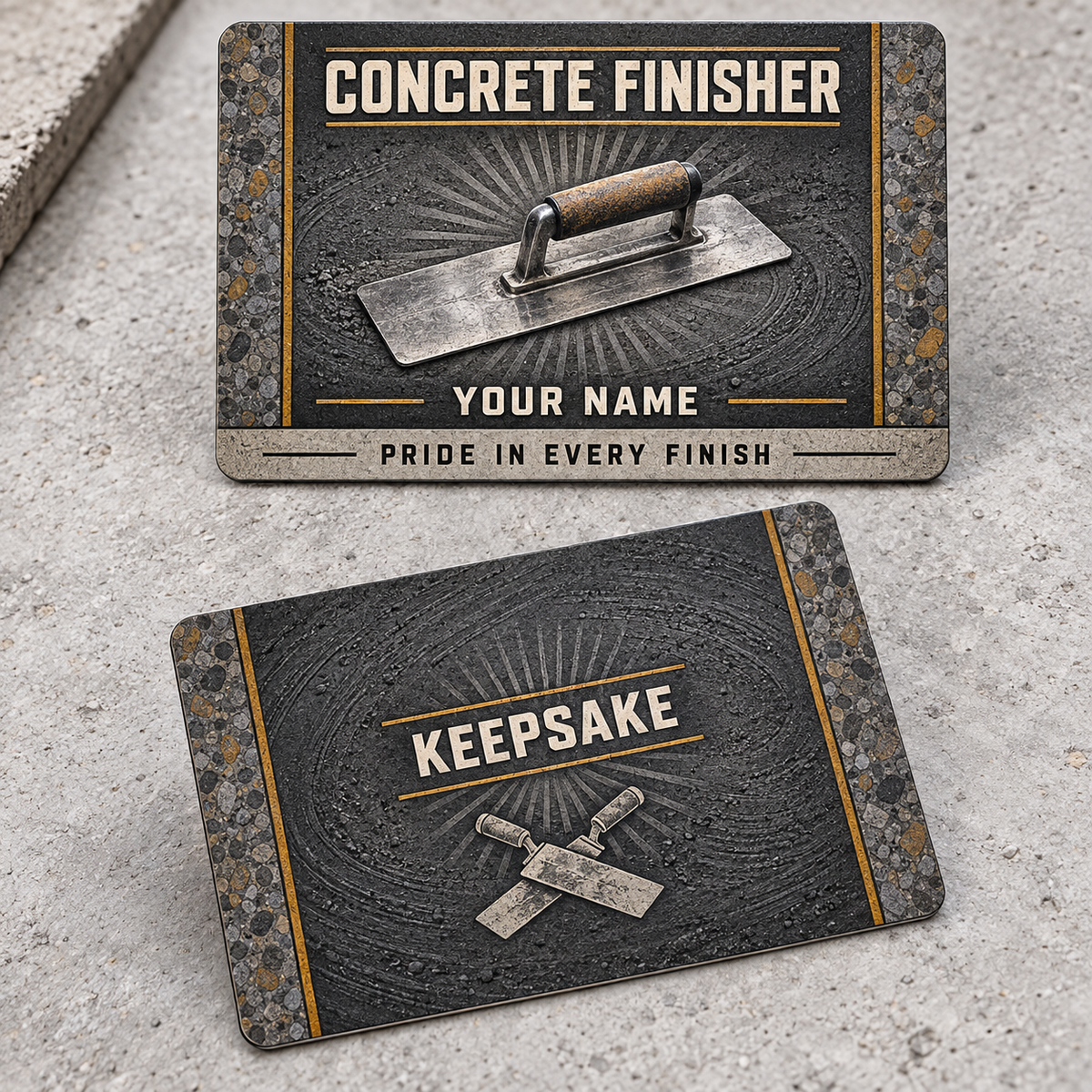 Personalized concrete finisher aluminum wallet card with toolmark heritage occupational artwork.