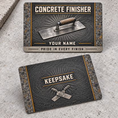 Personalized concrete finisher aluminum wallet card with toolmark heritage occupational artwork.