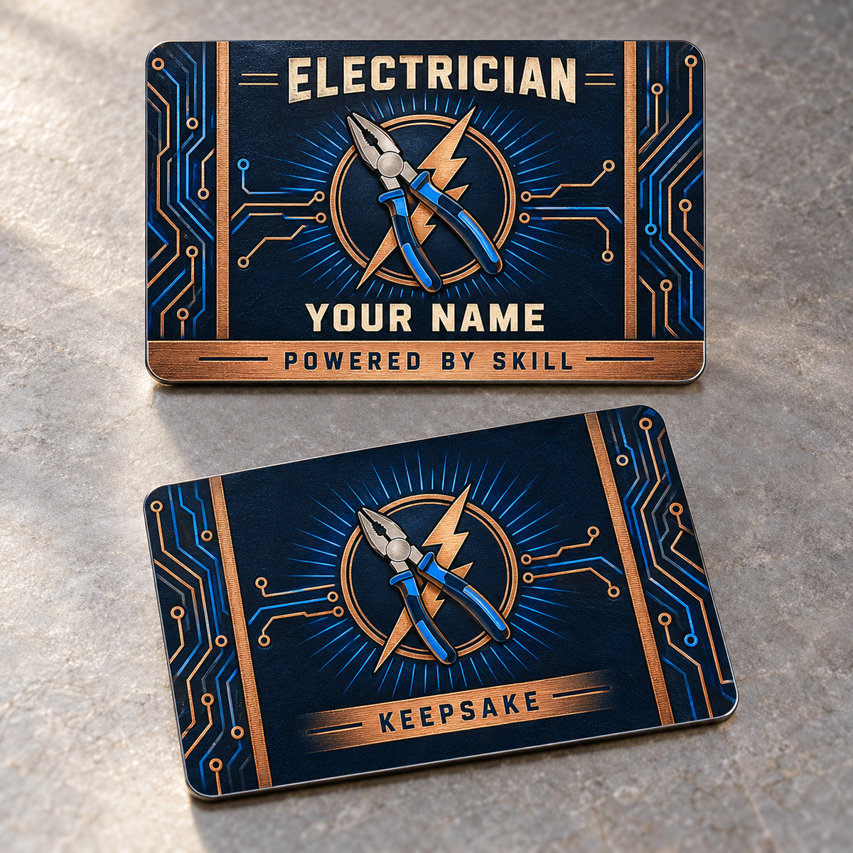Personalized electrician aluminum wallet card with toolmark heritage occupational artwork.