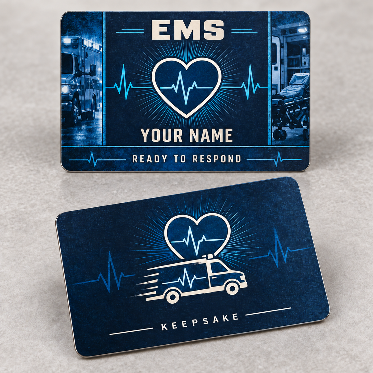 Personalized ems aluminum wallet card with toolmark heritage occupational artwork.