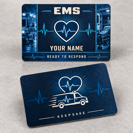 Personalized ems aluminum wallet card with toolmark heritage occupational artwork.