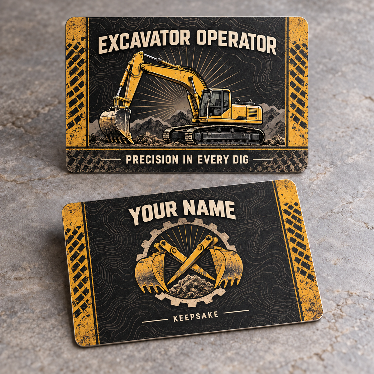 Personalized excavator operator aluminum wallet card with toolmark heritage occupational artwork.