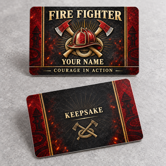 Personalized fire fighter aluminum wallet card with toolmark heritage occupational artwork.