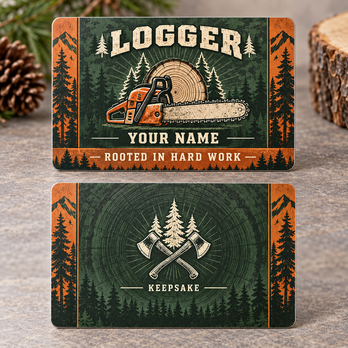 Personalized logger aluminum wallet card with toolmark heritage occupational artwork.