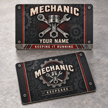 Personalized mechanic aluminum wallet card with toolmark heritage occupational artwork.