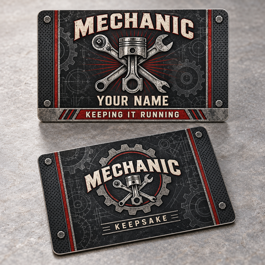 Personalized mechanic aluminum wallet card with toolmark heritage occupational artwork.