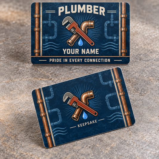 Personalized plumber aluminum wallet card with toolmark heritage occupational artwork.