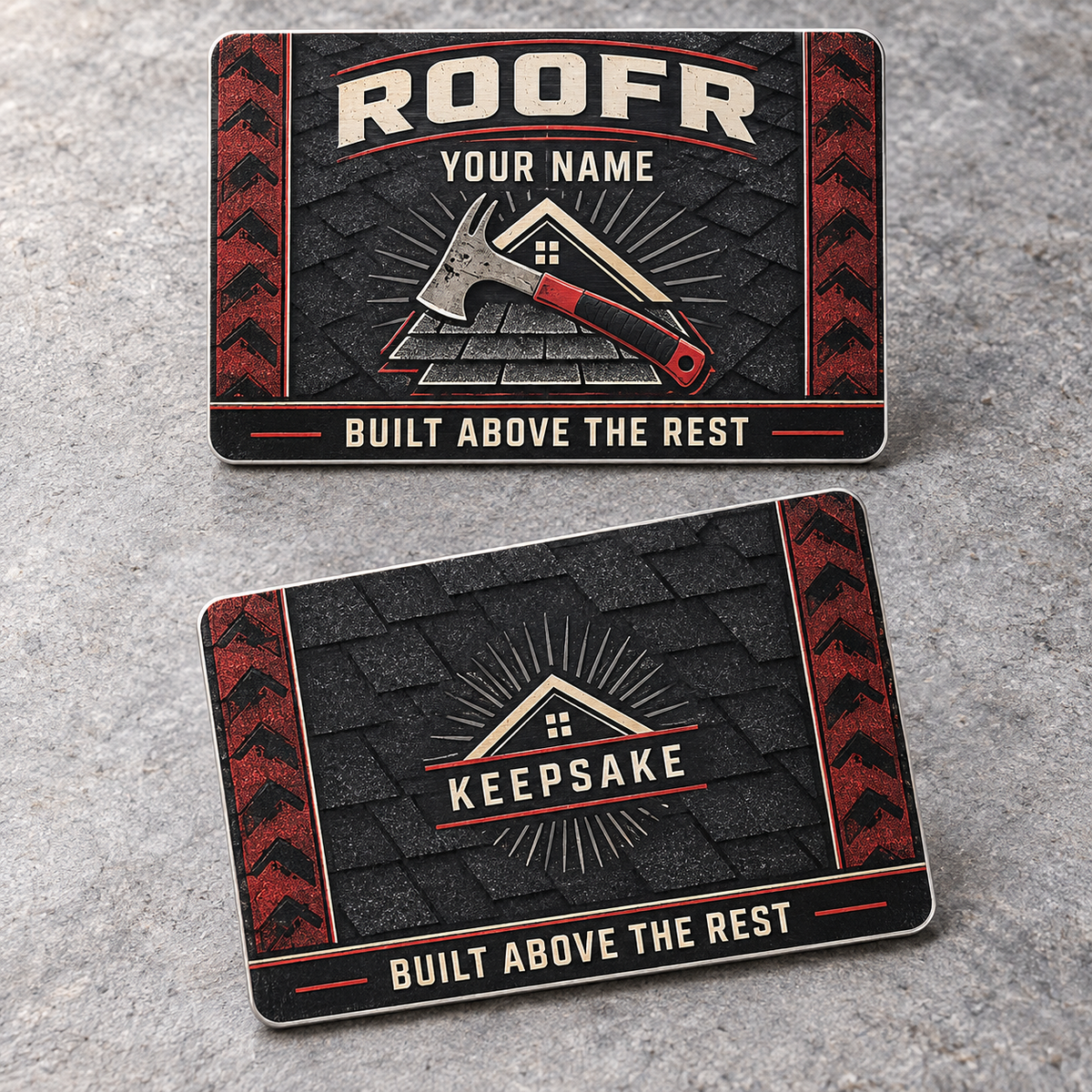 Personalized roofer aluminum wallet card with toolmark heritage occupational artwork.