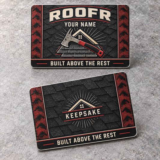Personalized roofer aluminum wallet card with toolmark heritage occupational artwork.