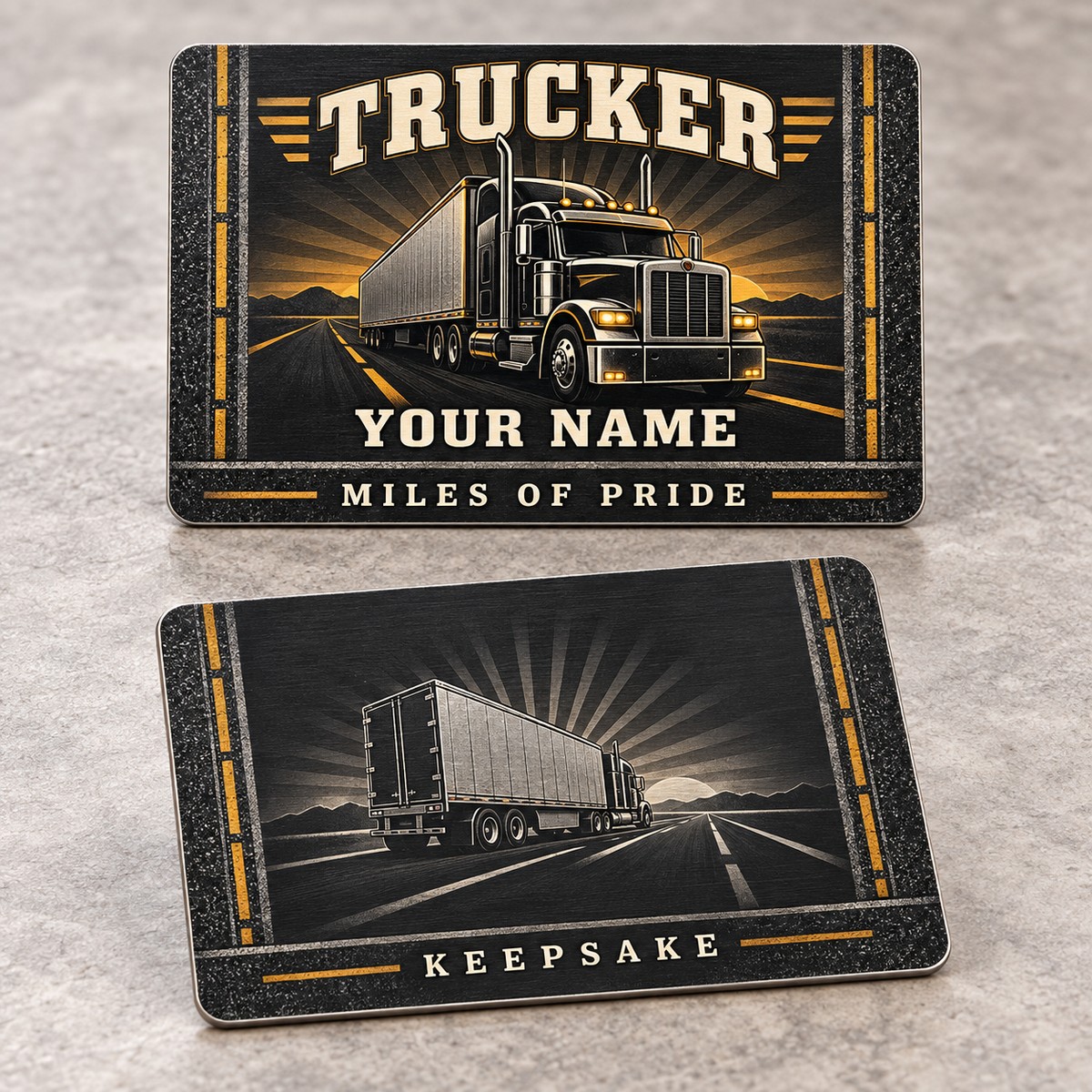 Personalized trucker aluminum wallet card with toolmark heritage occupational artwork.