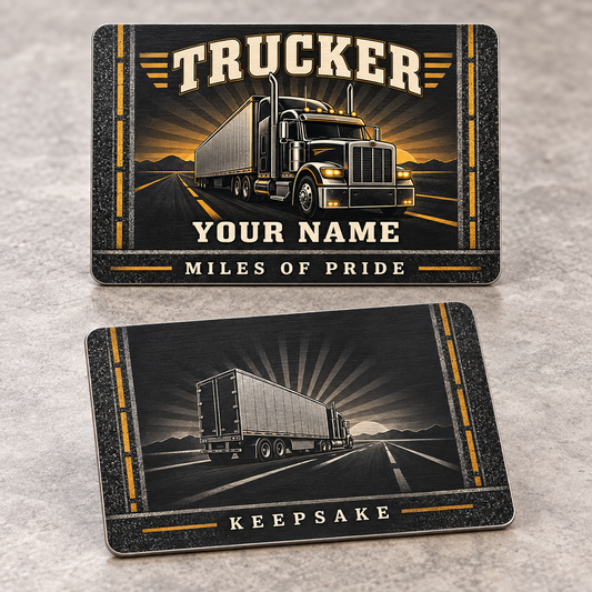 Personalized trucker aluminum wallet card with toolmark heritage occupational artwork.