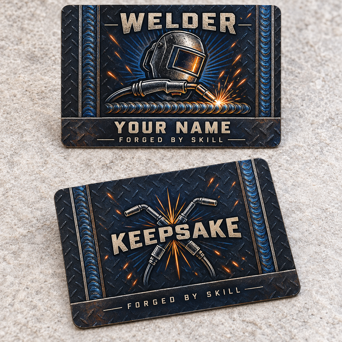 Personalized welder aluminum wallet card with toolmark heritage occupational artwork.