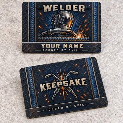 Personalized welder aluminum wallet card with toolmark heritage occupational artwork.
