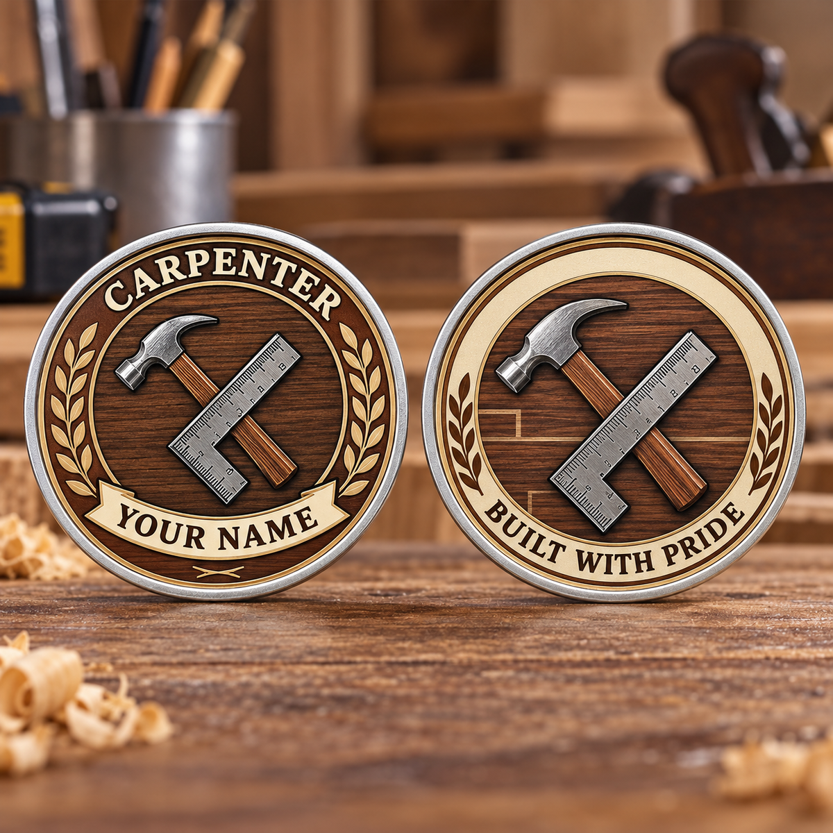 Personalized carpenter challenge coin with legacy laurel occupational artwork.
