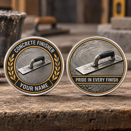 Personalized concrete finisher challenge coin with legacy laurel occupational artwork.