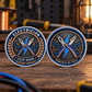 Personalized electrician challenge coin with legacy laurel occupational artwork.