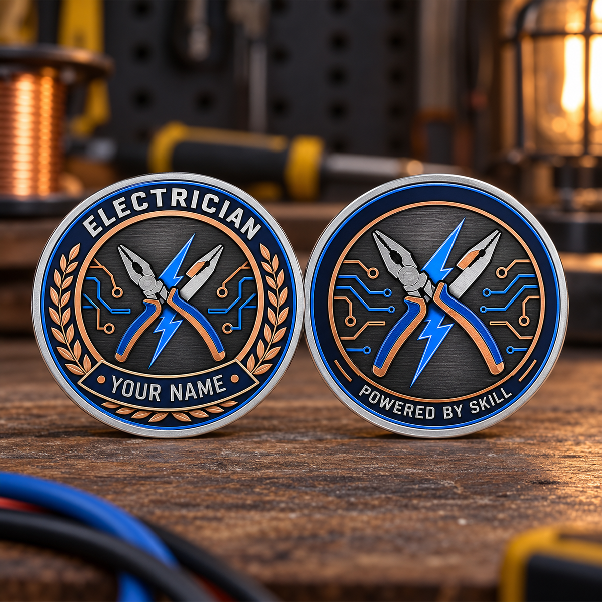 Personalized electrician challenge coin with legacy laurel occupational artwork.