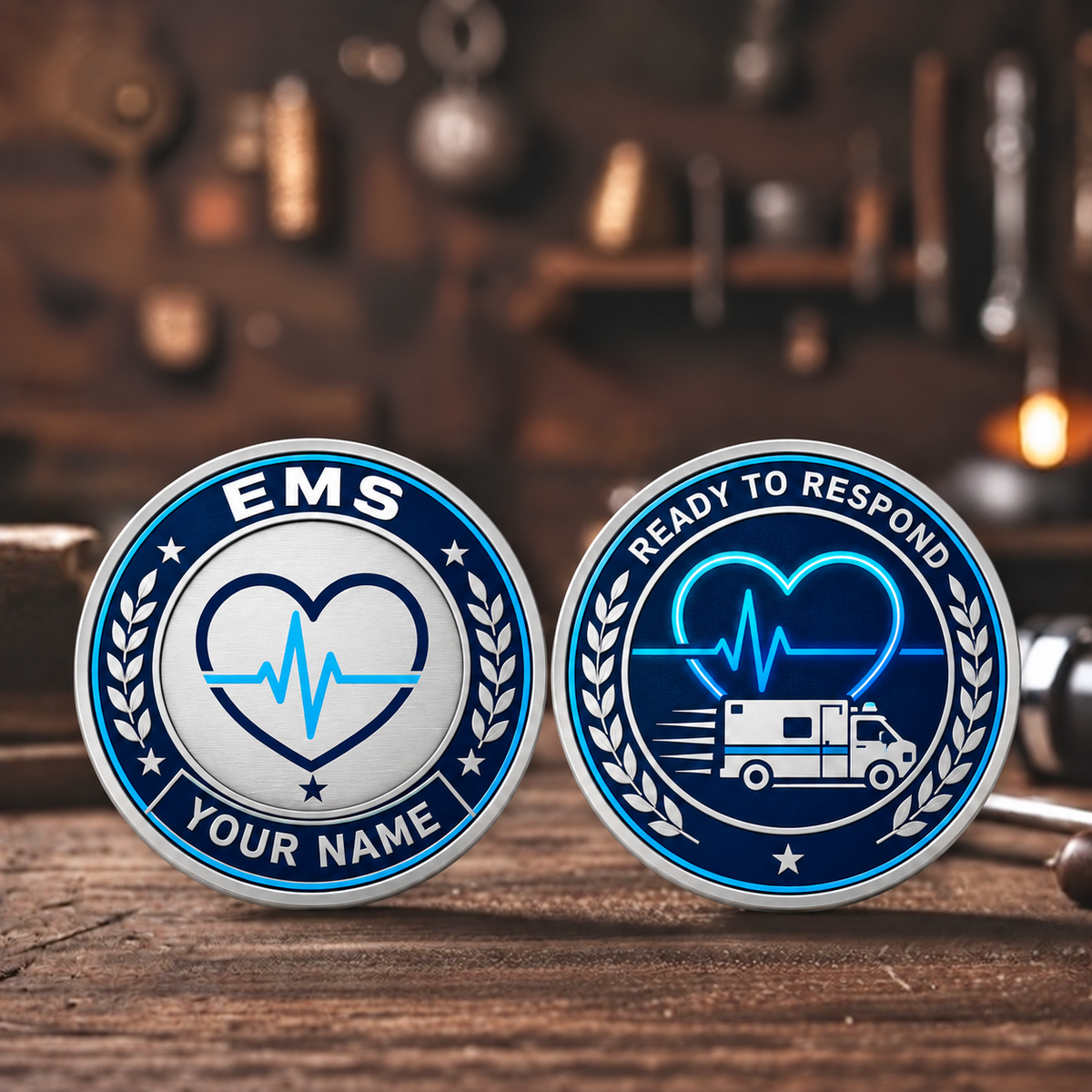 Personalized ems challenge coin with legacy laurel occupational artwork.