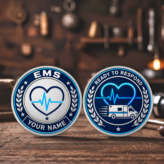 Personalized ems challenge coin with legacy laurel occupational artwork.