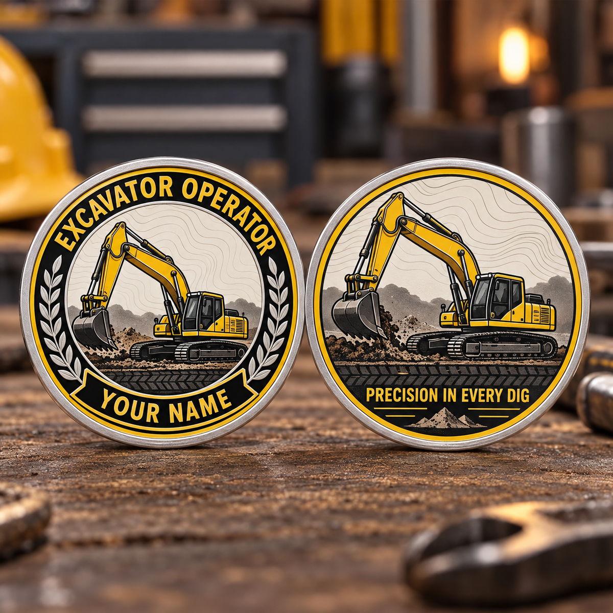 Personalized excavator operator challenge coin with legacy laurel occupational artwork.