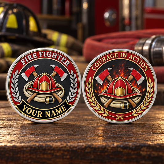 Personalized fire fighter challenge coin with legacy laurel occupational artwork.