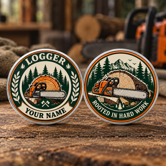 Personalized logger challenge coin with legacy laurel occupational artwork.