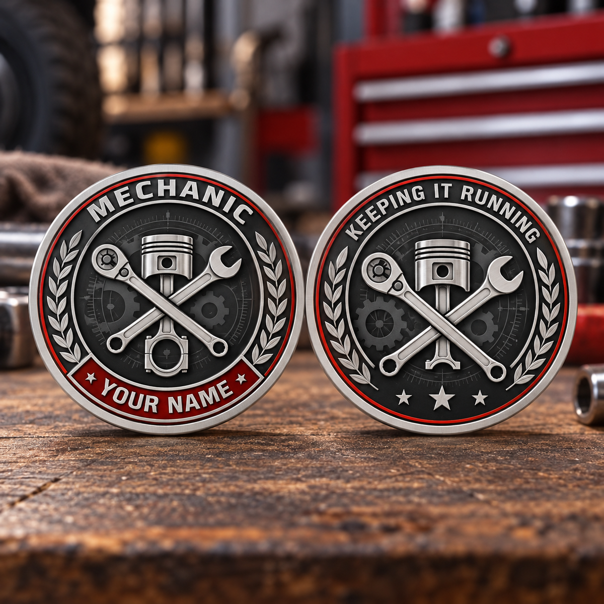 Personalized mechanic challenge coin with legacy laurel occupational artwork.