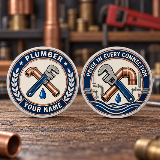 Personalized plumber challenge coin with legacy laurel occupational artwork.