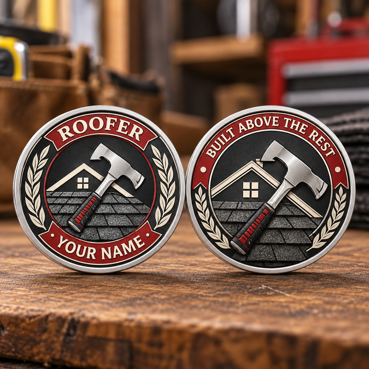 Personalized roofer challenge coin with legacy laurel occupational artwork.