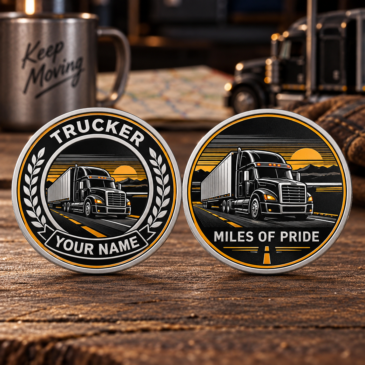 Personalized trucker challenge coin with legacy laurel occupational artwork.