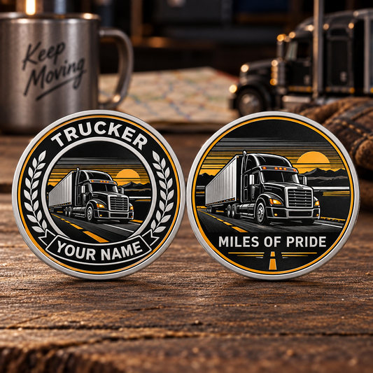 Personalized trucker challenge coin with legacy laurel occupational artwork.