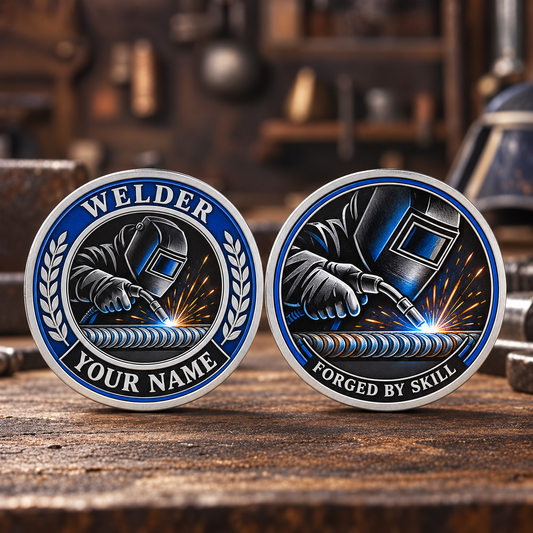 Personalized welder challenge coin with legacy laurel occupational artwork.