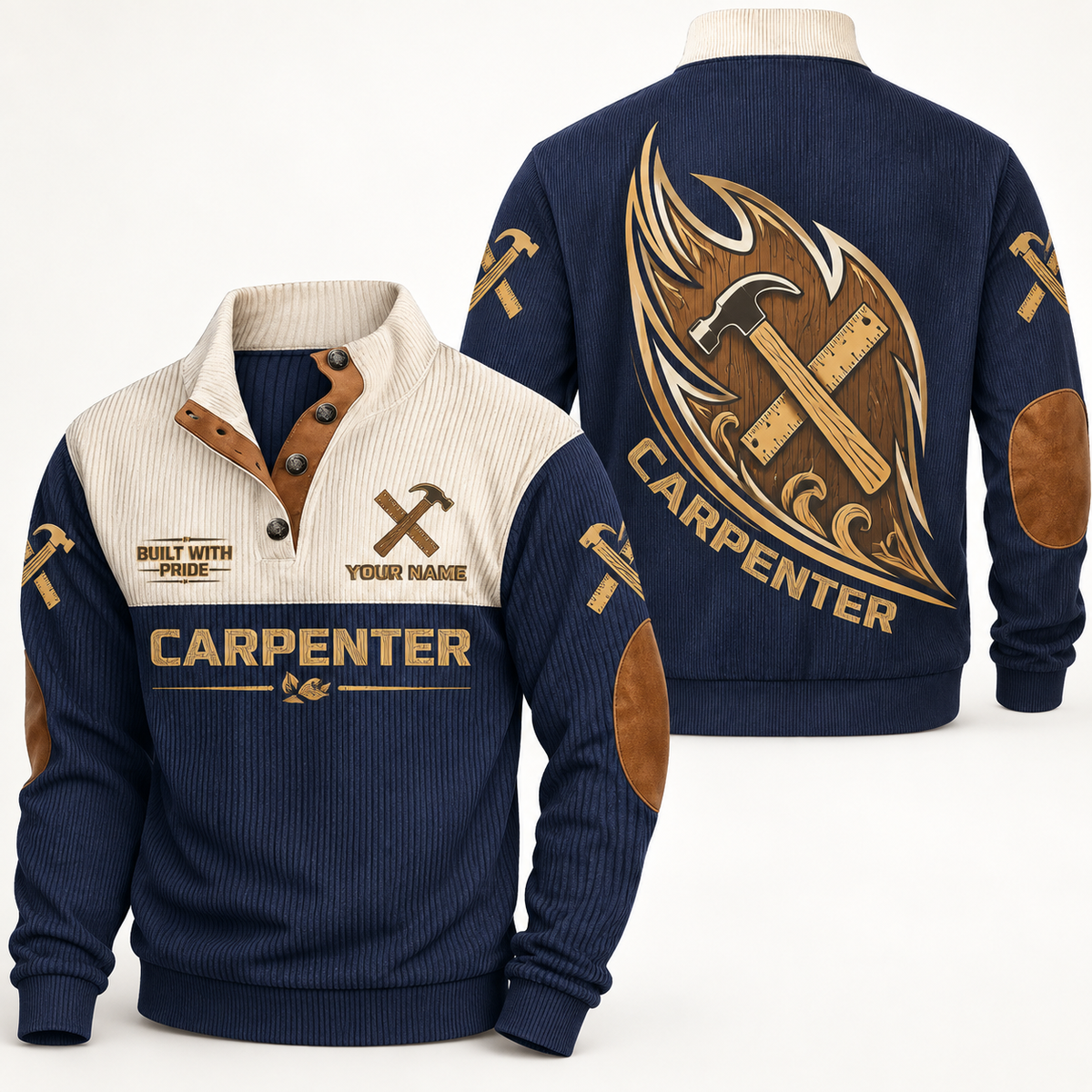 Personalized carpenter sports sweatshirt with heritage collar occupational artwork.