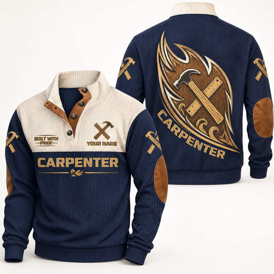 Personalized carpenter sports sweatshirt with heritage collar occupational artwork.