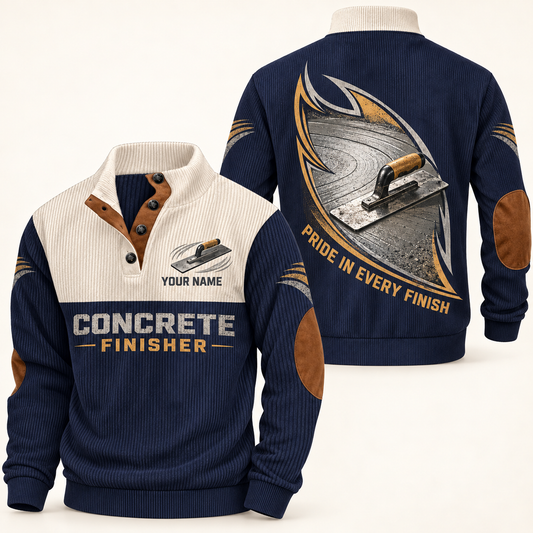 Personalized concrete finisher sports sweatshirt with heritage collar occupational artwork.