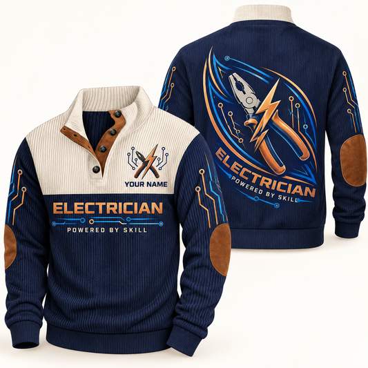 Personalized electrician sports sweatshirt with heritage collar occupational artwork.
