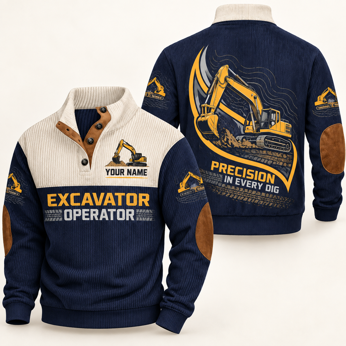Personalized excavator operator sports sweatshirt with heritage collar occupational artwork.