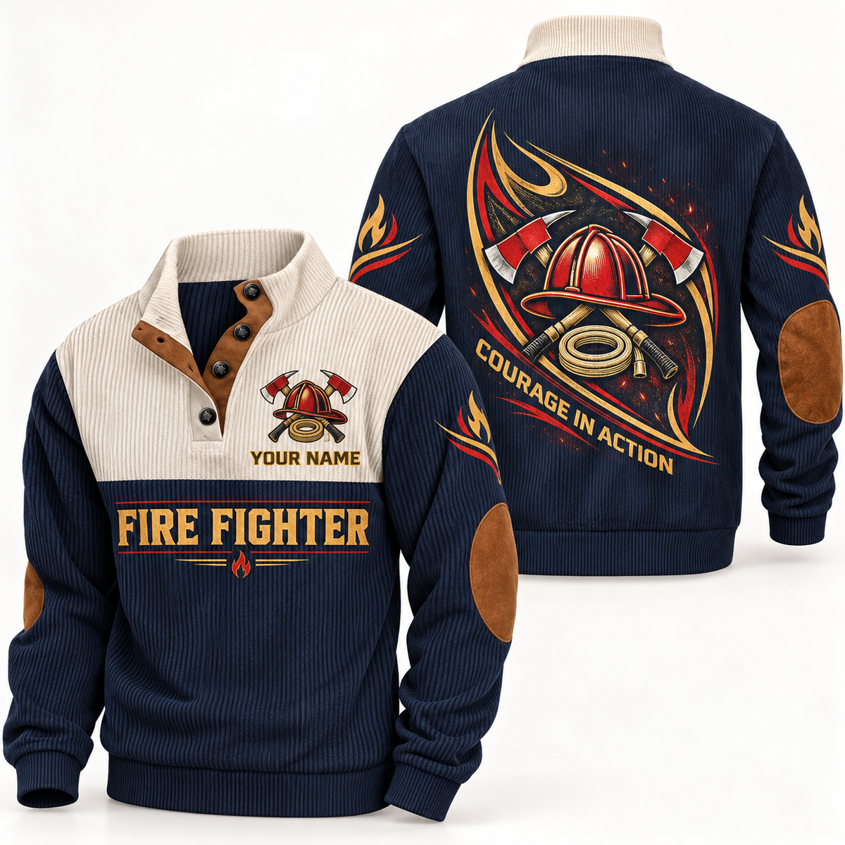 Personalized fire fighter sports sweatshirt with heritage collar occupational artwork.