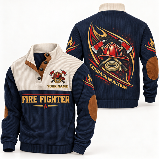 Personalized fire fighter sports sweatshirt with heritage collar occupational artwork.