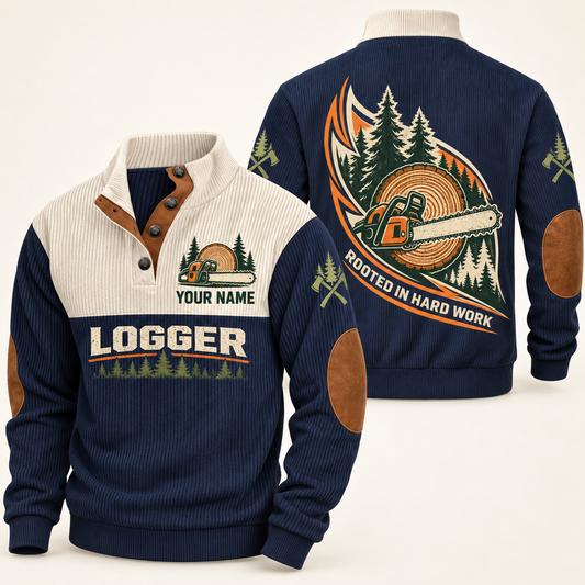 Personalized logger sports sweatshirt with heritage collar occupational artwork.