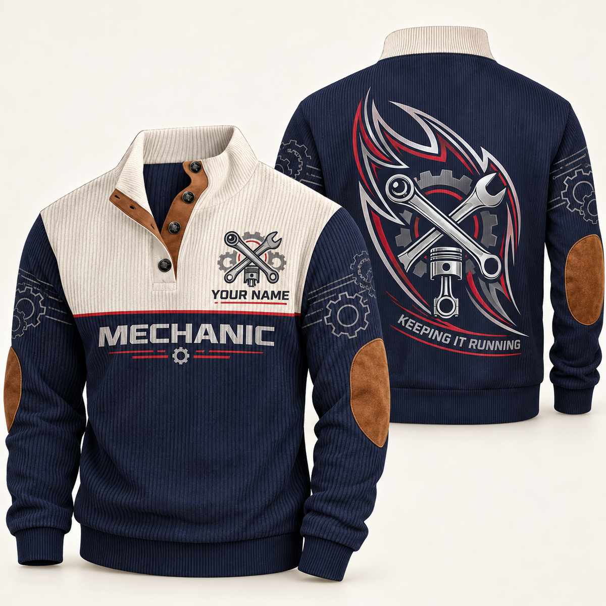 Personalized mechanic sports sweatshirt with heritage collar occupational artwork.