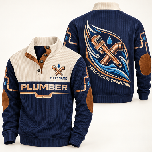 Personalized plumber sports sweatshirt with heritage collar occupational artwork.