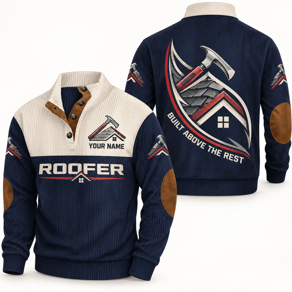 Personalized roofer sports sweatshirt with heritage collar occupational artwork.