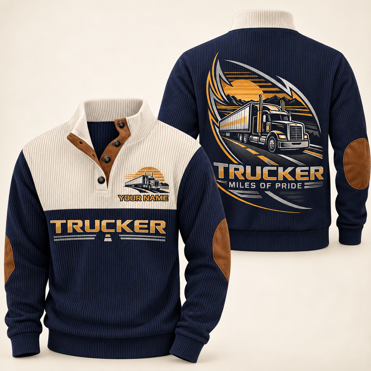 Personalized trucker sports sweatshirt with heritage collar occupational artwork.