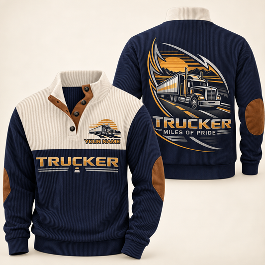 Personalized trucker sports sweatshirt with heritage collar occupational artwork.